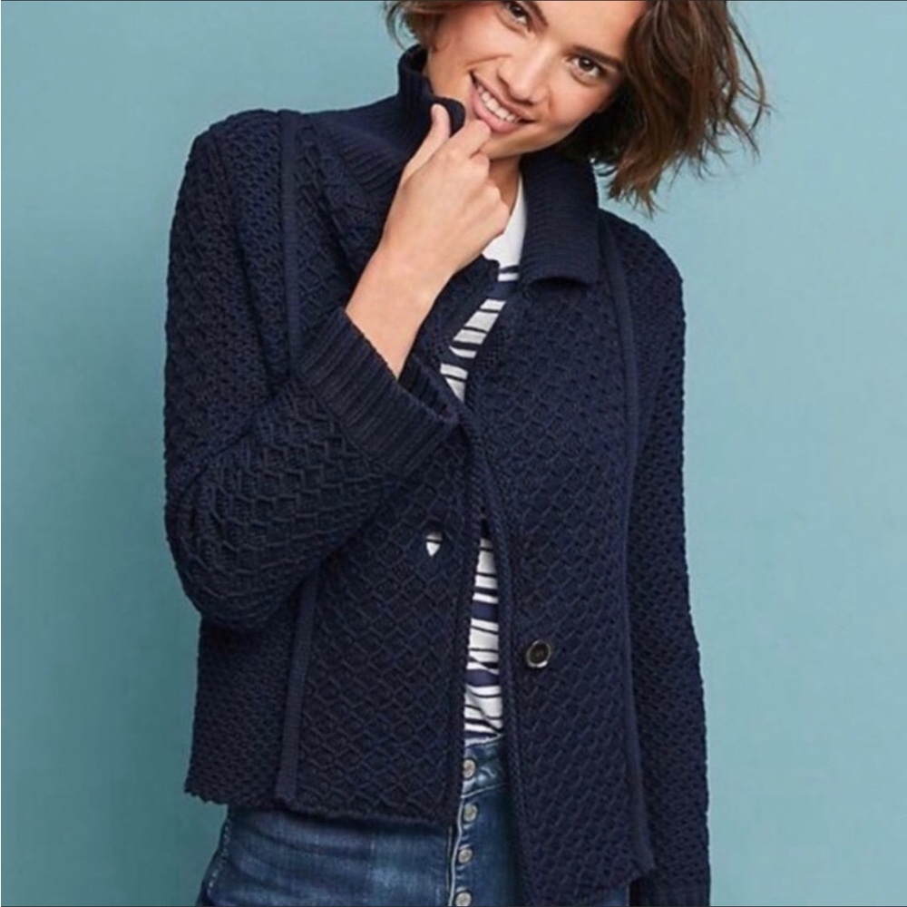 Anthropologie Maeve Navy Cable Chunky Knit Sweater Cardigan